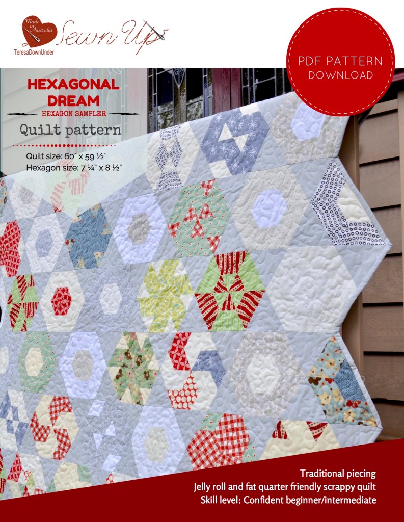 Hexagonal Dream - hexagon sampler quilt pattern - quick and easy quilt pattern without Y seams