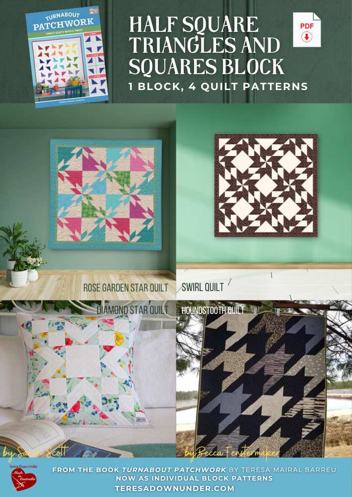 Half square triangles and square block: 1 block, 4 quilt patterns